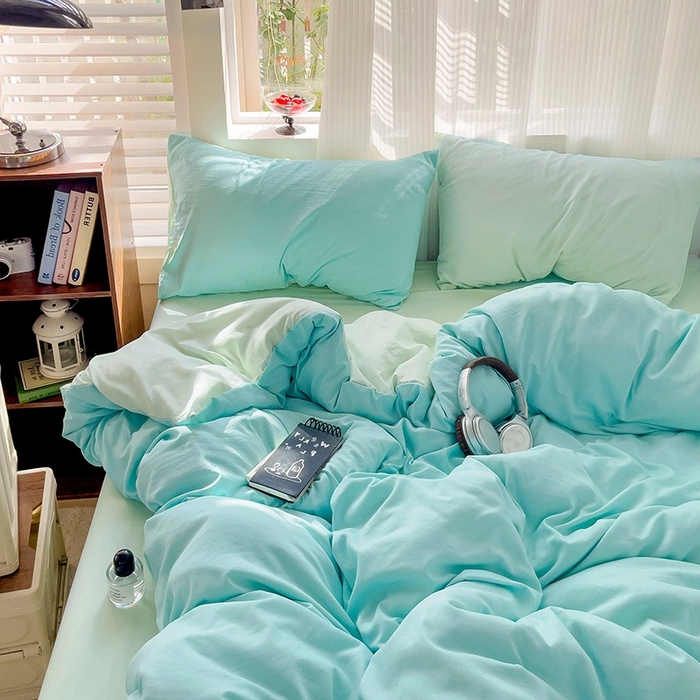 91家纺网 家纺一手货源 找家纺 森璐 2025新款水洗棉双拼四件套宿舍三件套床单被套枕套双拼-湖水绿