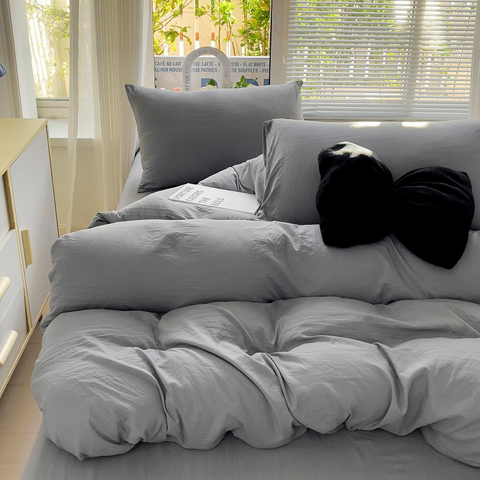 91家纺网 家纺一手货源 找家纺 森璐 2025新款水洗棉双拼四件套宿舍三件套床单被套枕套纯色-浅灰色