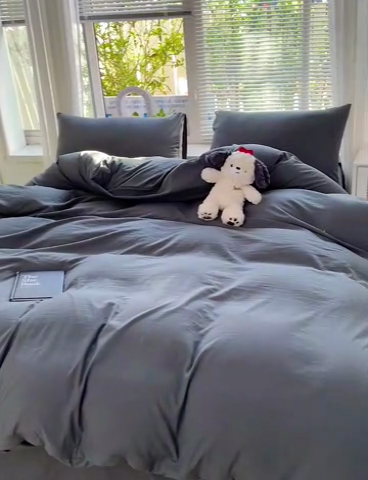 91家纺网 家纺一手货源 找家纺 森璐 2025新款水洗棉双拼四件套宿舍三件套床单被套枕套纯色-浅灰色