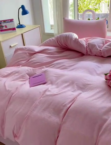 91家纺网 家纺一手货源 找家纺 森璐 2025新款水洗棉双拼四件套宿舍三件套床单被套枕套纯色-粉色