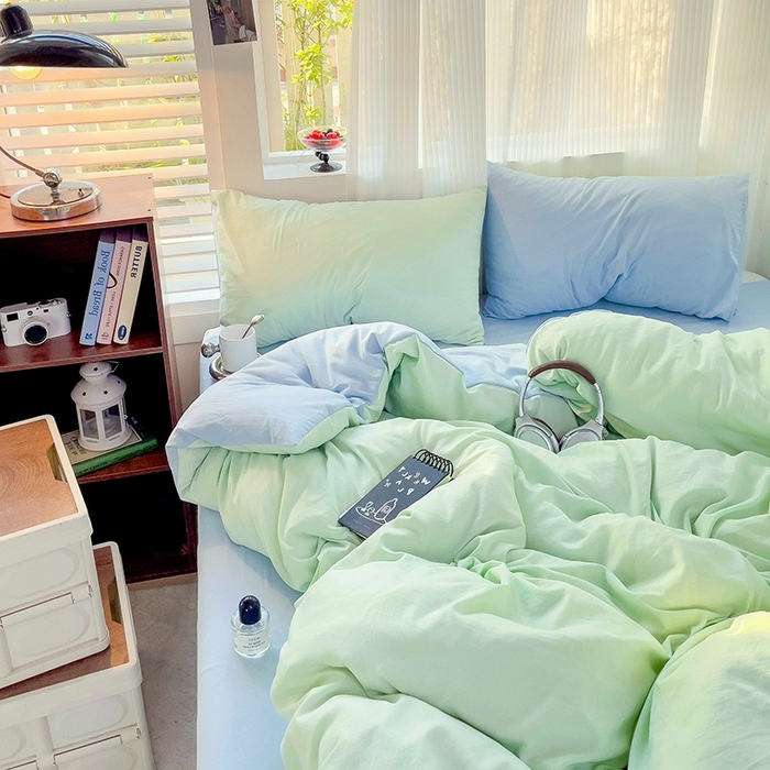 91家纺网 家纺一手货源 找家纺 森璐 2025新款水洗棉双拼四件套宿舍三件套床单被套枕套双拼-藻绿蓝