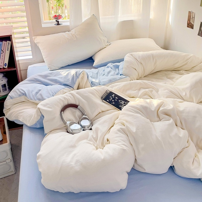 91家纺网 家纺一手货源 找家纺 森璐 2025新款水洗棉双拼四件套宿舍三件套床单被套枕套双拼-奶白蓝