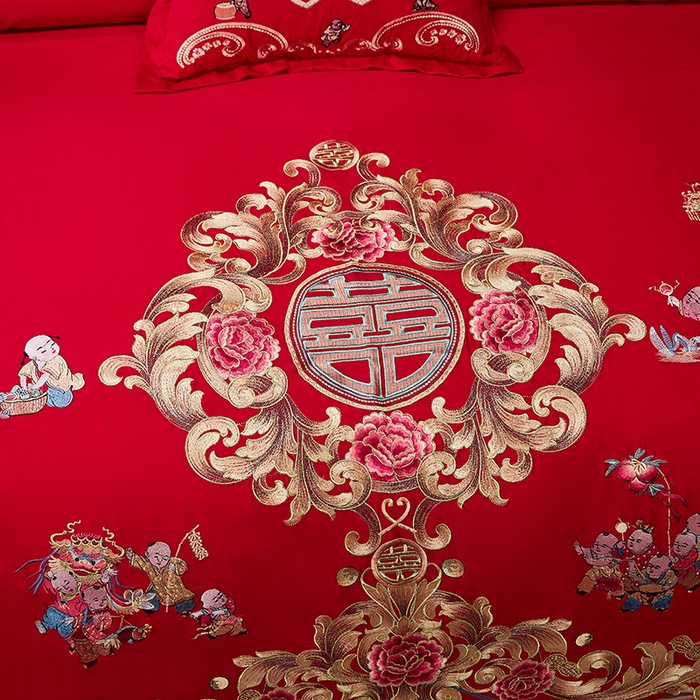 91家纺网 家纺一手货源 找家纺 东方合美（原：皇家传奇） 2023新款40s全工艺喷气刺绣纯棉婚庆多件套-系列三 多子多福