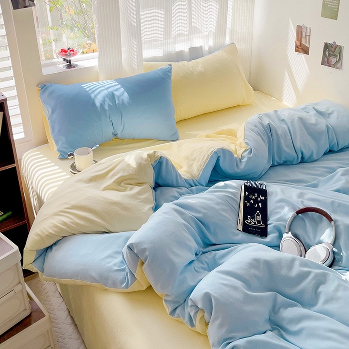 91家纺网 家纺一手货源 找家纺 森璐 2025新款水洗棉双拼四件套宿舍三件套床单被套枕套双拼-天蓝黄
