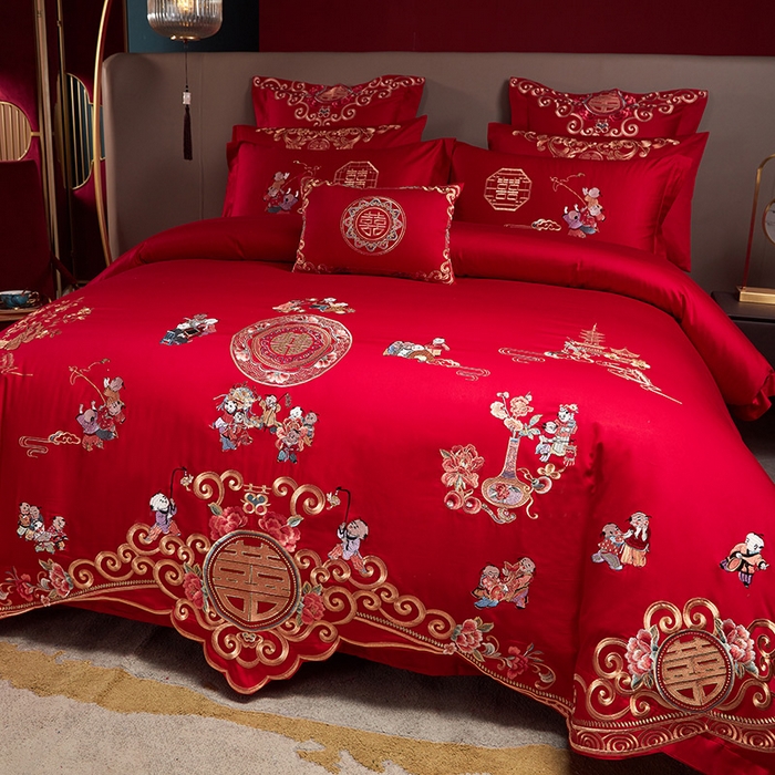 91家纺网 家纺一手货源 找家纺 东方合美（原：皇家传奇） 2023新款40s全工艺喷气刺绣纯棉婚庆多件套-系列三 百子百福