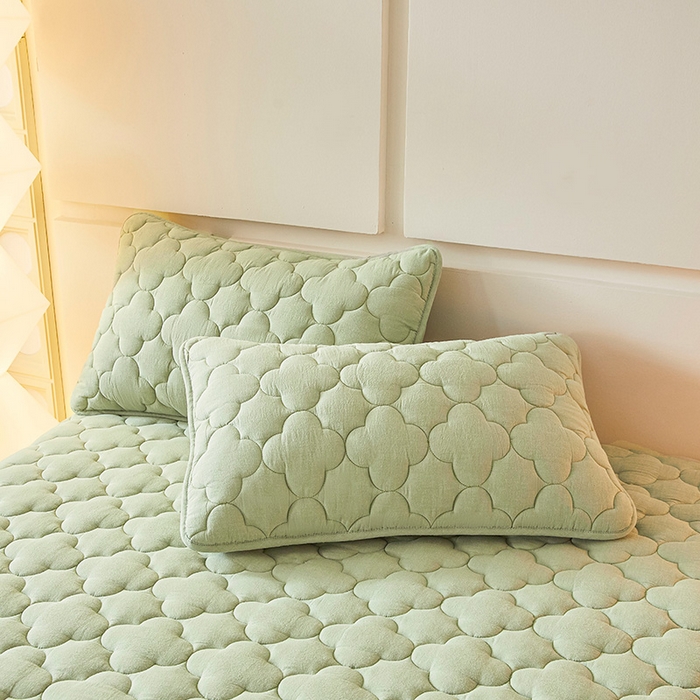 91家纺网 家纺一手货源 找家纺 3C 2025新款全棉水洗棉夹棉床笠-梦屿系列 梦屿 抹茶绿