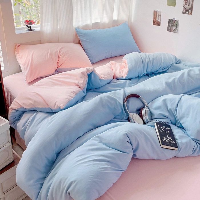 91家纺网 家纺一手货源 找家纺 森璐 2025新款水洗棉双拼四件套宿舍三件套床单被套枕套双拼-天蓝粉