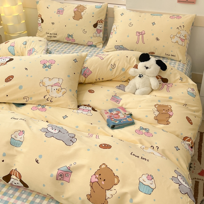 91家纺网 家纺一手货源 找家纺 2025新款全棉卡通小清新系列四件套 好奇狗