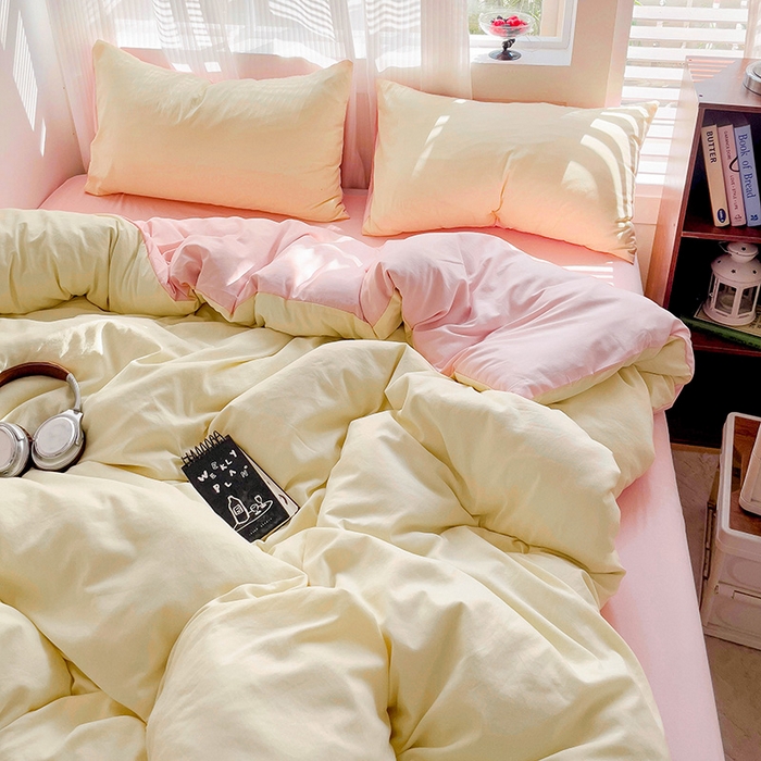 91家纺网 家纺一手货源 找家纺 森璐 2025新款水洗棉双拼四件套宿舍三件套床单被套枕套双拼-浅黄粉