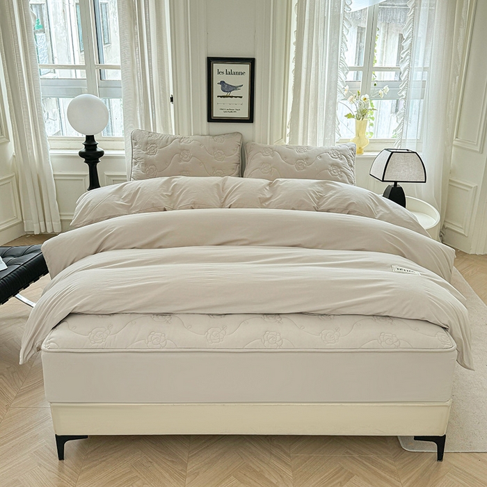 91家纺网 家纺一手货源 找家纺 3C 2024新款全棉水洗棉夹棉玫瑰床笠-花语系列 花语 烟雾灰