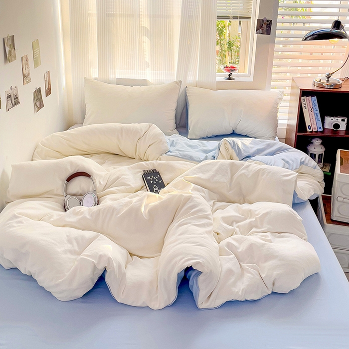 91家纺网 家纺一手货源 找家纺 森璐 2025新款水洗棉双拼四件套宿舍三件套床单被套枕套双拼-奶白蓝