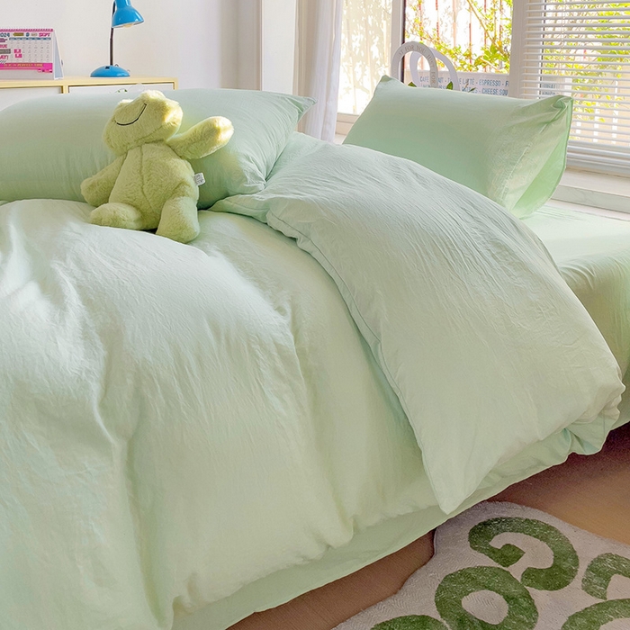 91家纺网 家纺一手货源 找家纺 森璐 2025新款水洗棉双拼四件套宿舍三件套床单被套枕套纯色-藻绿色