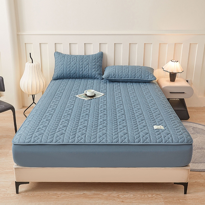 91家纺网 家纺一手货源 找家纺 3C 2025新款A类亲肤夹棉床笠-麦穗格 麦穗格 深海蓝