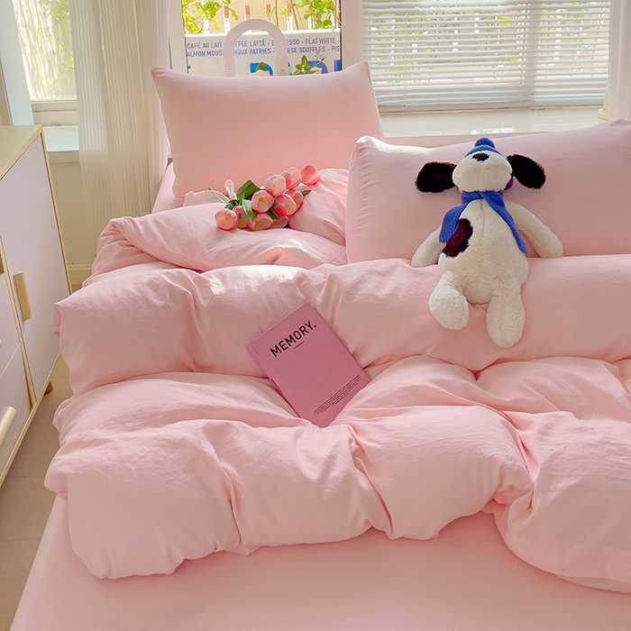 91家纺网 家纺一手货源 找家纺 森璐 2025新款水洗棉双拼四件套宿舍三件套床单被套枕套纯色-粉色