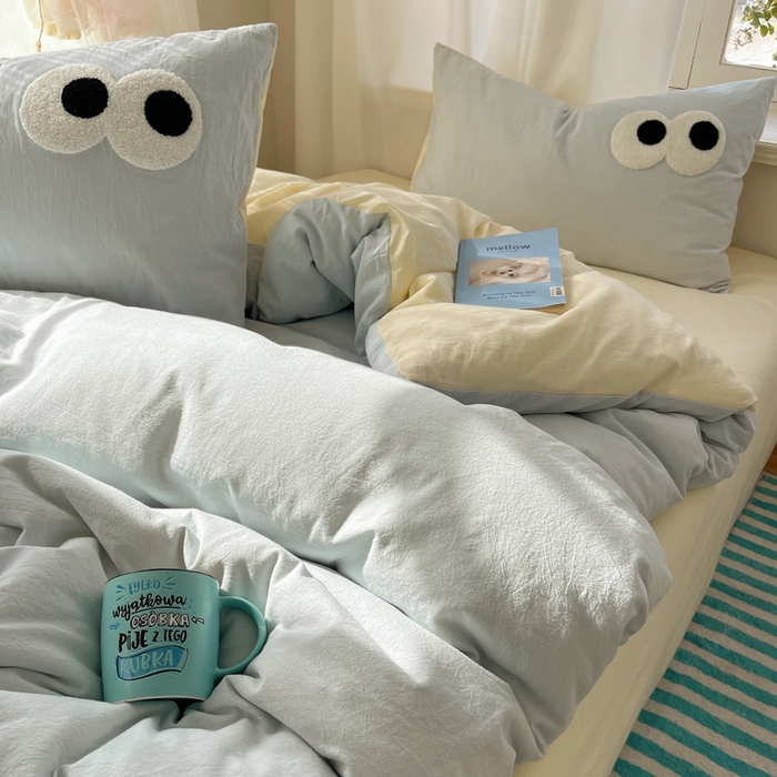 91家纺网 家纺一手货源 找家纺 2025新款A类亲肤舒适软糯云柔水洗棉大眼睛毛巾绣混搭格子撞色系列四件套 大眼海盐奶黄