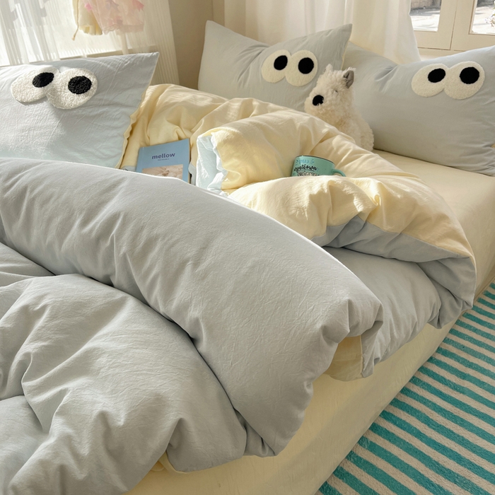 91家纺网 家纺一手货源 找家纺 2025新款A类亲肤舒适软糯云柔水洗棉大眼睛毛巾绣混搭格子撞色系列四件套 大眼海盐奶黄