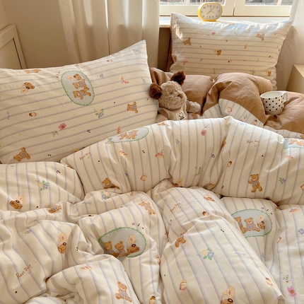 雅居纺家纺 2025新款全棉小清新四件套 小熊假日