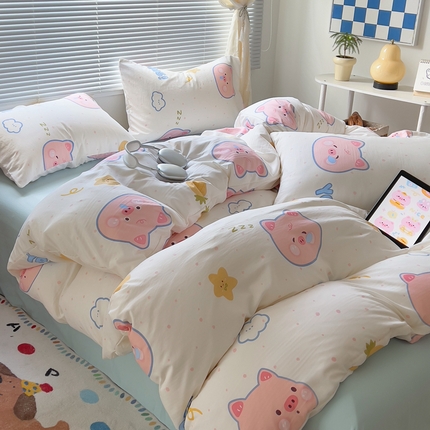 91家纺网 家纺一手货源 找家纺 希丞家居 2025新款ins卡通小清新超柔裸睡水洗棉四件套【提供买家秀】 福猪猪