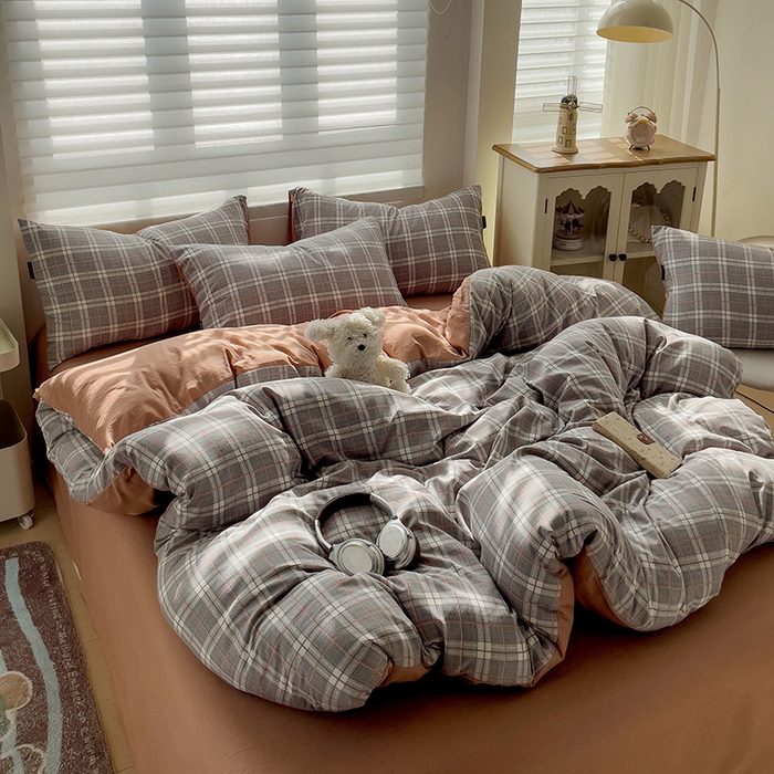 91家纺网 家纺一手货源 找家纺 娜娜2025新款A类针织双层纱印花四件套 格子先生-灰