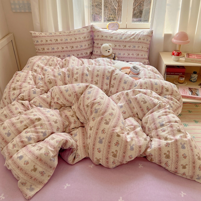 91家纺网 家纺一手货源 找家纺 雅居纺家纺 2025新款全棉小清新四件套 花园萌兔