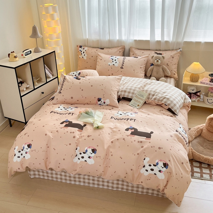 91家纺网 家纺一手货源 找家纺 雅居纺家纺 2025新款全棉小清新四件套 斑点狗