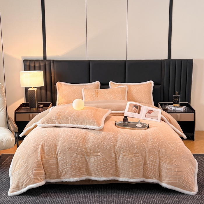 91家纺网 家纺一手货源 找家纺 畅畅家纺 2025新款兔毛绒大包边雕花牛奶绒绒四件套 江南-黄