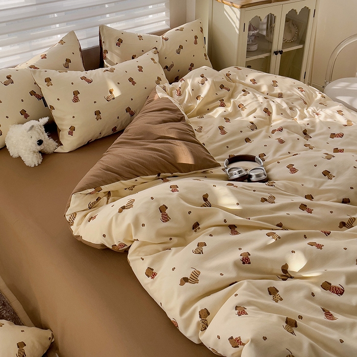 91家纺网 家纺一手货源 找家纺 娜娜2025新款A类针织双层纱印花四件套 小狗皮皮