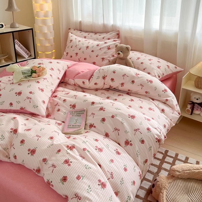 91家纺网 家纺一手货源 找家纺 雅居纺家纺 2025新款全棉小清新四件套 粉色烂漫