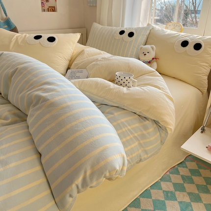 桃子家居 2026新款A类ins色织水洗棉纯棉大眼睛毛巾绣混搭撞色少女多巴胺系列四件套 色织水洗棉-大眼柠檬奶黄