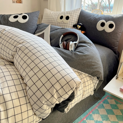 91家纺网 家纺一手货源 找家纺 （总）桃子家居 2026新款A类ins色织水洗棉纯棉大眼睛毛巾绣混搭撞色少女多巴胺系列四件套