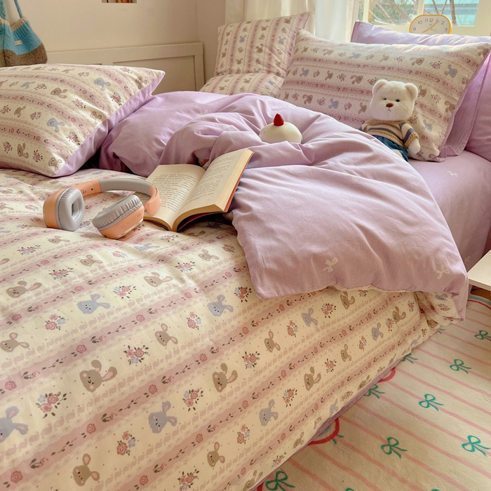 91家纺网 家纺一手货源 找家纺 雅居纺家纺 2025新款全棉小清新四件套 花园萌兔