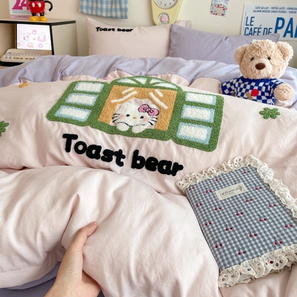 91家纺网 家纺一手货源 找家纺 （总）雨帆家纺 2025新款水洗棉卡通毛巾绣四件套