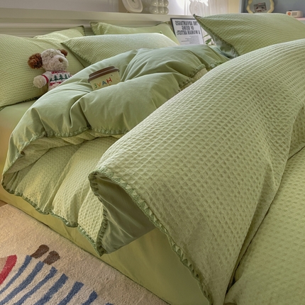 雅居纺家纺 2025新款全棉贝壳边华夫格四件套 贝壳边浅绿
