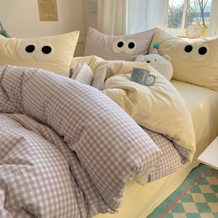 91家纺网 家纺一手货源 找家纺 （总）桃子家居 2026新款A类ins色织水洗棉纯棉大眼睛毛巾绣混搭撞色少女多巴胺系列四件套