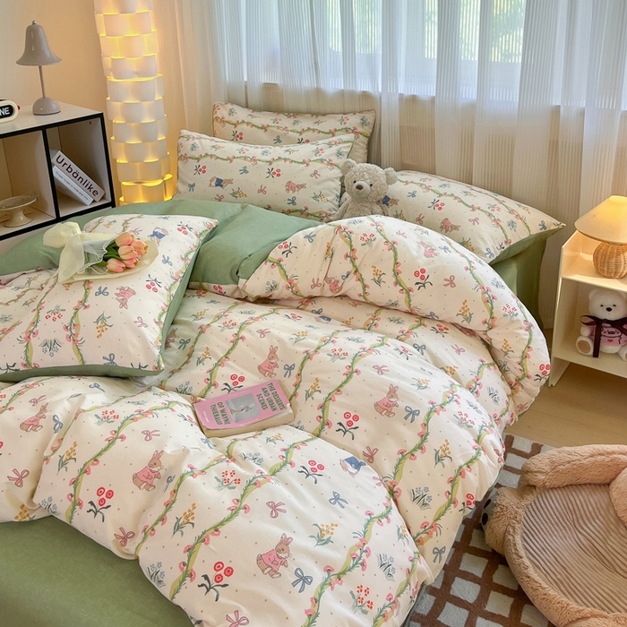 91家纺网 家纺一手货源 找家纺 雅居纺家纺 2025新款全棉小清新四件套 花园秘境