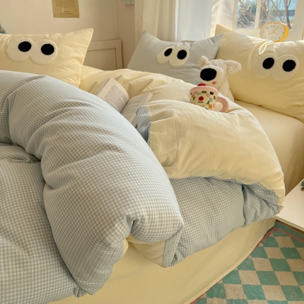 91家纺网 家纺一手货源 找家纺 （总）桃子家居 2026新款A类ins色织水洗棉纯棉大眼睛毛巾绣混搭撞色少女多巴胺系列四件套