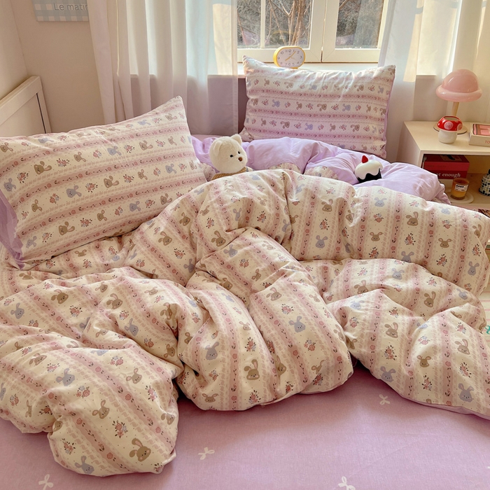 91家纺网 家纺一手货源 找家纺 雅居纺家纺 2025新款全棉小清新四件套 花园萌兔