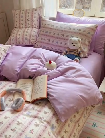 91家纺网 家纺一手货源 找家纺 雅居纺家纺 2025新款全棉小清新四件套 花园萌兔