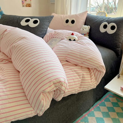 桃子家居 2026新款A类ins色织水洗棉纯棉大眼睛毛巾绣混搭撞色少女多巴胺系列四件套 色织水洗棉-大眼粉条灰灰