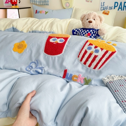 雨帆家纺 2025新款水洗棉卡通毛巾绣四件套 劲爆薯条
