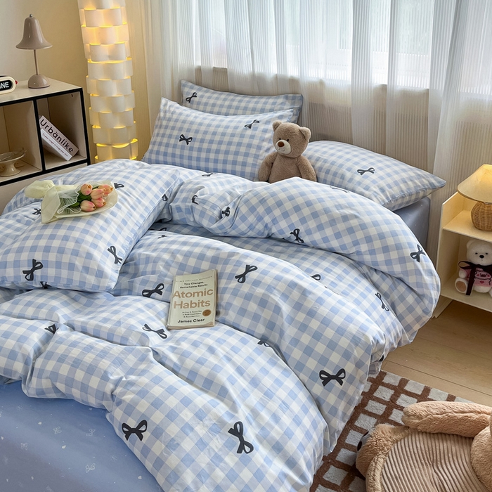 91家纺网 家纺一手货源 找家纺 雅居纺家纺 2025新款全棉小清新四件套 蓝格子蝴蝶结