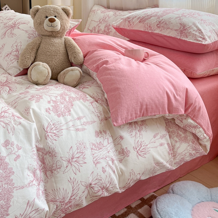 91家纺网 家纺一手货源 找家纺 雅居纺家纺 2025新款全棉小清新四件套 粉色花园