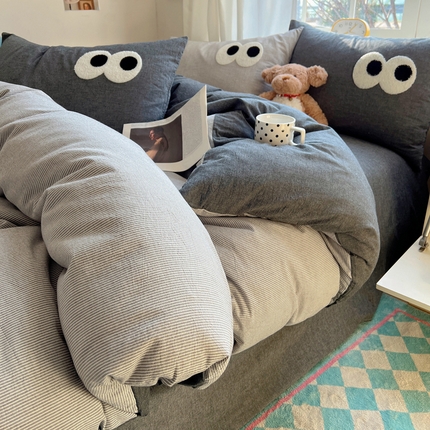 桃子家居 2026新款A类ins色织水洗棉纯棉大眼睛毛巾绣混搭撞色少女多巴胺系列四件套 色织水洗棉-大眼灰条灰