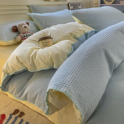 雅居纺家纺 2025新款全棉贝壳边华夫格四件套 贝壳边蓝黄