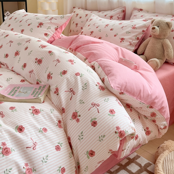 91家纺网 家纺一手货源 找家纺 雅居纺家纺 2025新款全棉小清新四件套 粉色烂漫