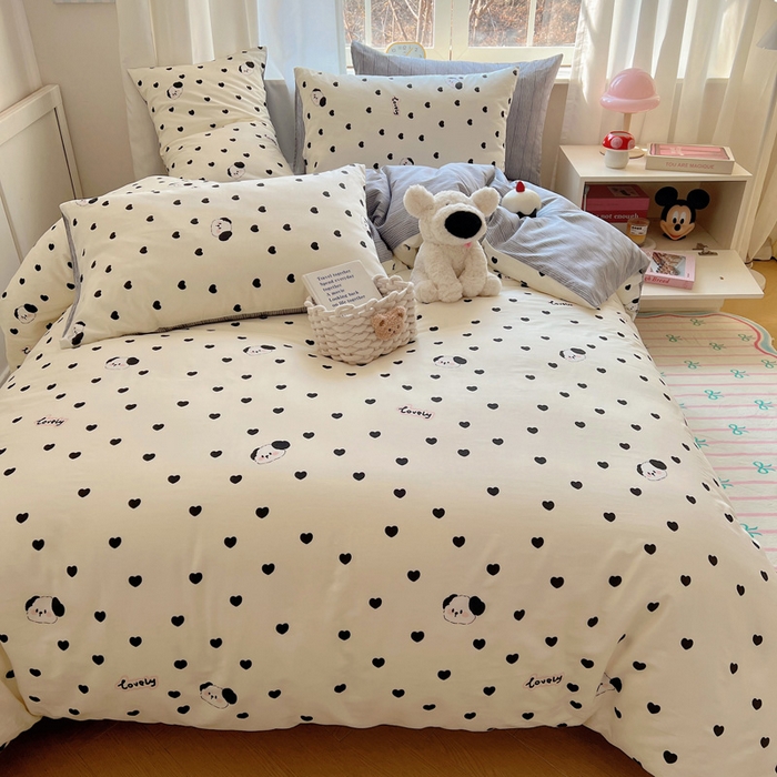 91家纺网 家纺一手货源 找家纺 雅居纺家纺 2025新款全棉小清新四件套 爱心小狗