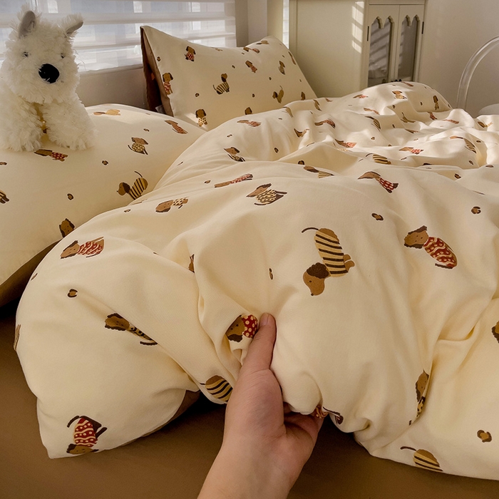 91家纺网 家纺一手货源 找家纺 娜娜2025新款A类针织双层纱印花四件套 小狗皮皮