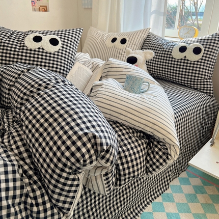 桃子家居 2026新款A类ins色织水洗棉纯棉大眼睛毛巾绣混搭撞色少女多巴胺系列四件套 色织水洗棉-大眼格格灰条2