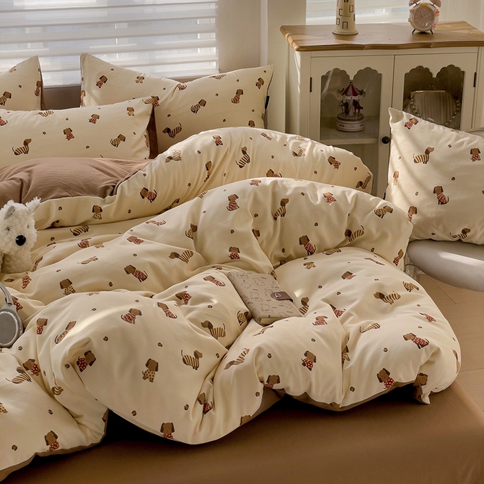 91家纺网 家纺一手货源 找家纺 娜娜2025新款A类针织双层纱印花四件套 小狗皮皮