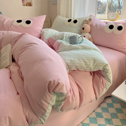 91家纺网 家纺一手货源 找家纺 （总）桃子家居 2026新款A类ins色织水洗棉纯棉大眼睛毛巾绣混搭撞色少女多巴胺系列四件套